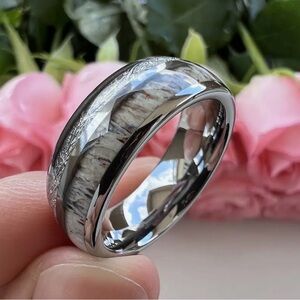 Men’s 304 Stainless Steel Silver Meteorite and Deer Antler Inlay Wedding Ring